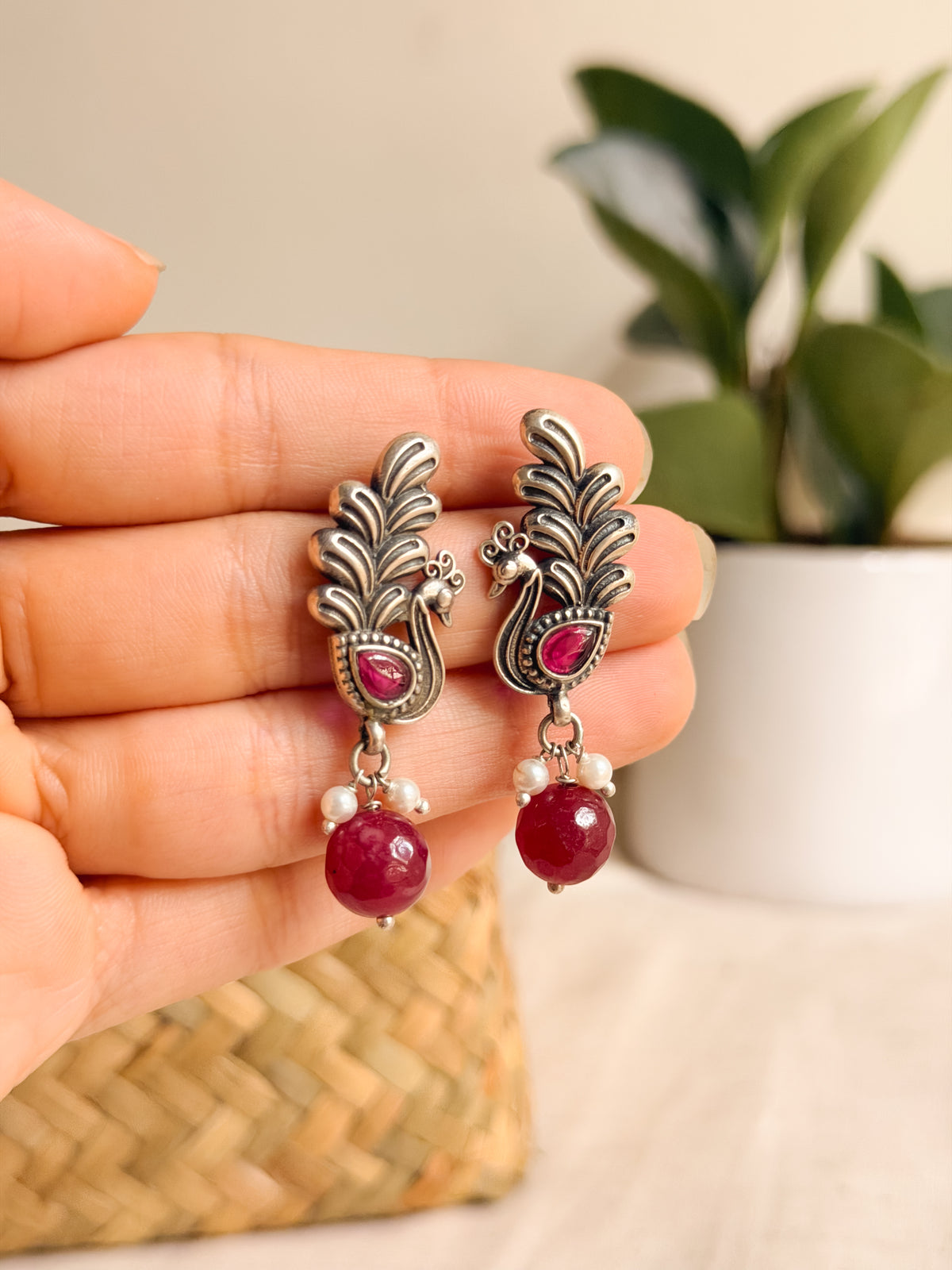 Ruha oxidised silver studs with ruby onyx detail