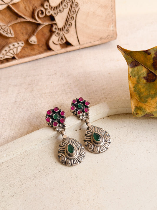 Indrani oxidised silver earrings with ruby/green onyx