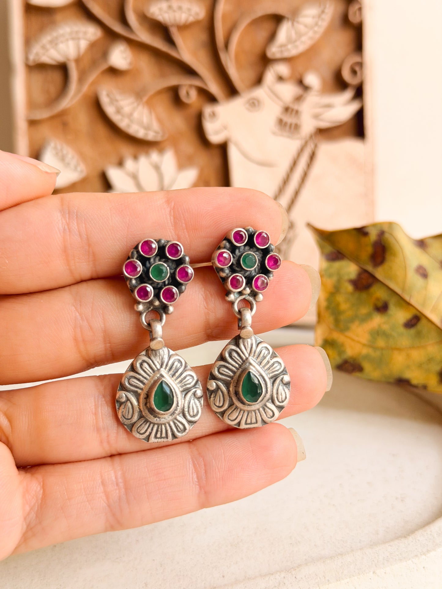 Indrani oxidised silver earrings with ruby/green onyx