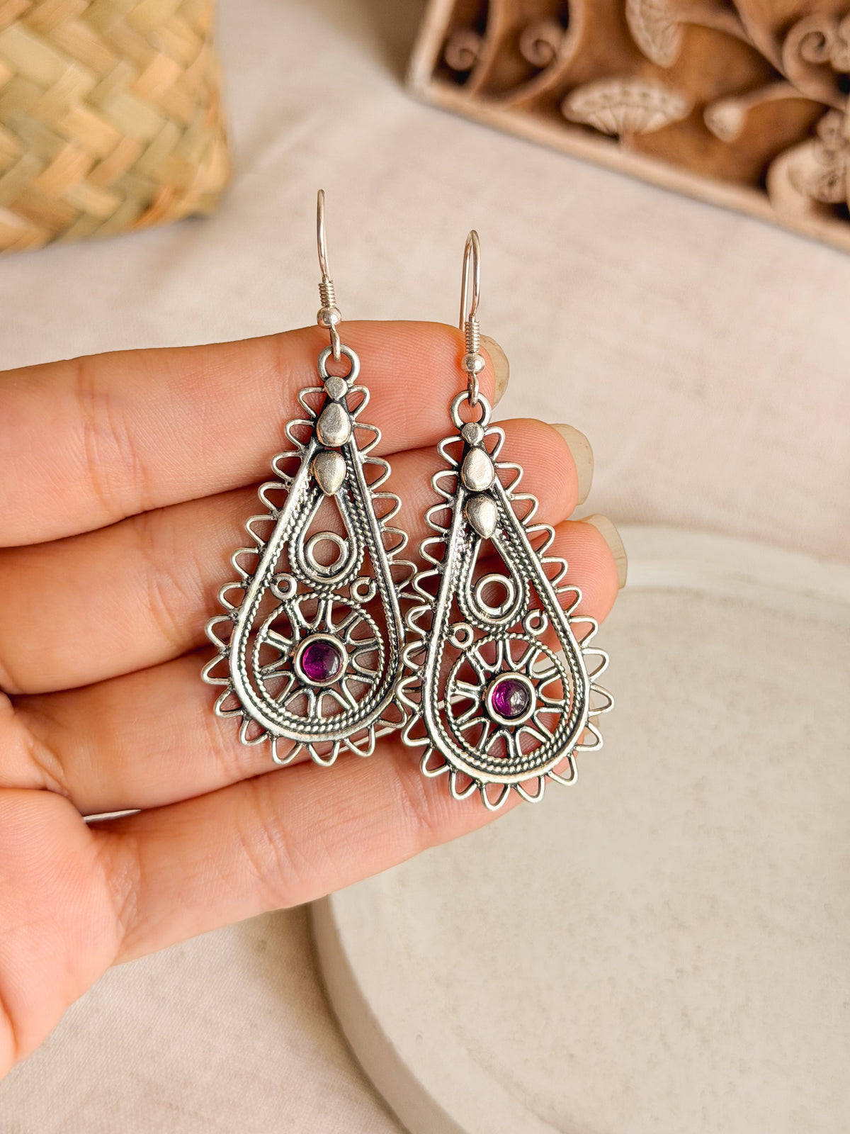 Eka silver drops with fish hook and ruby stone