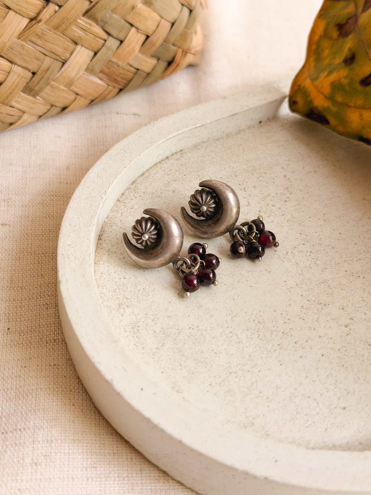 Oorja studs in oxidised silver with garnet beads cluster