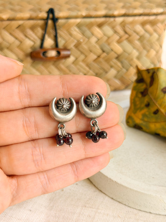 Oorja studs in oxidised silver with garnet beads cluster