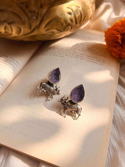 Neelkanthi oxidised silver earring with lavender quartz