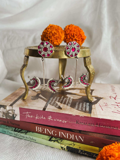 Mayuri silver danglers with ruby pink and white kundan