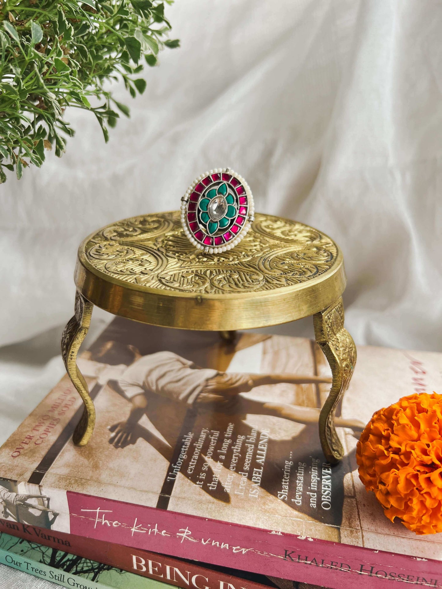 Rangoli silver ring with turquoise and ruby pink kundan