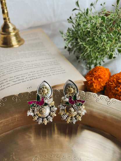Pakhi dual tone earring with pink & green kundan birds