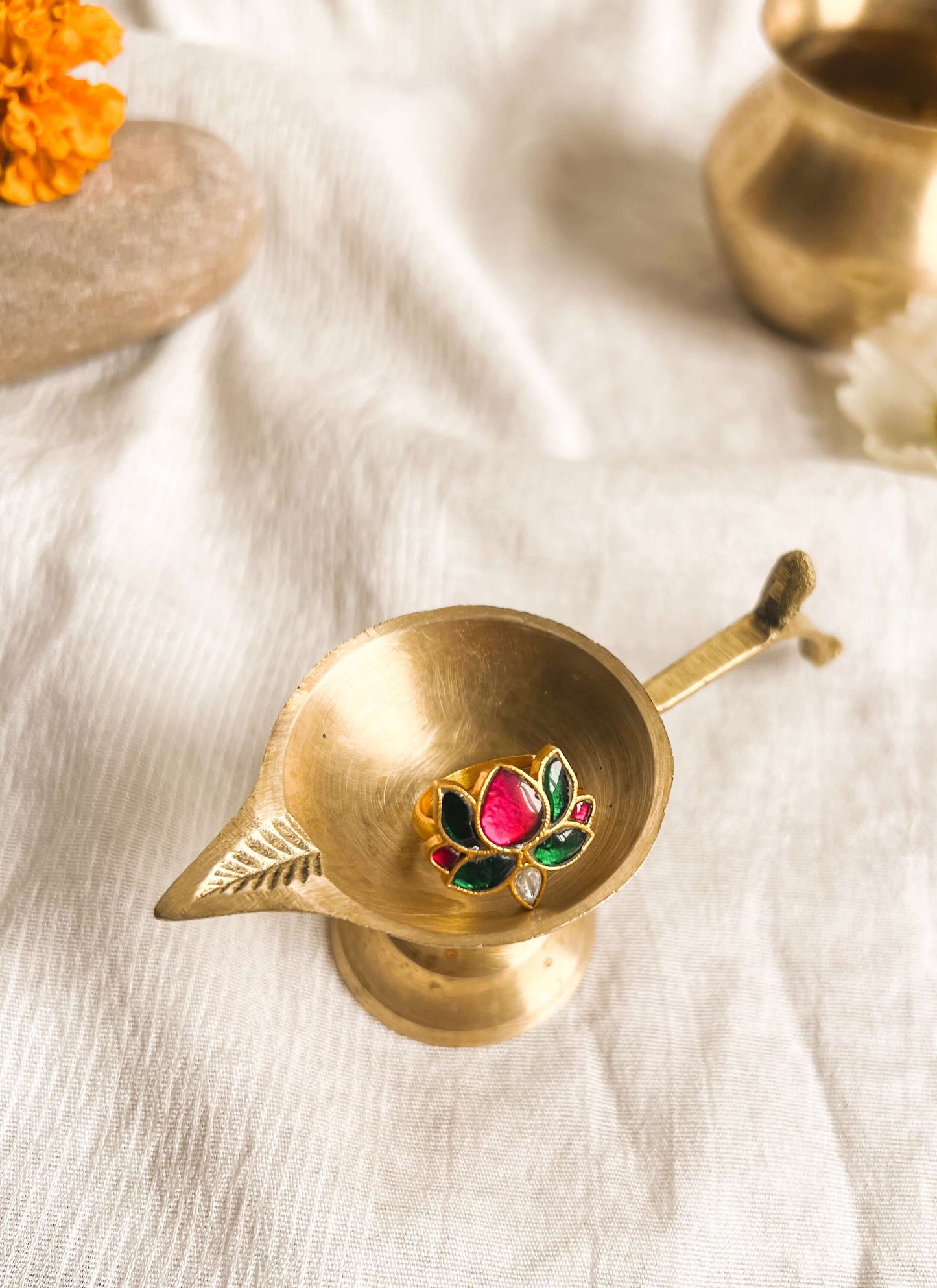Saroja adjustable kundan ring with gold plating on silver