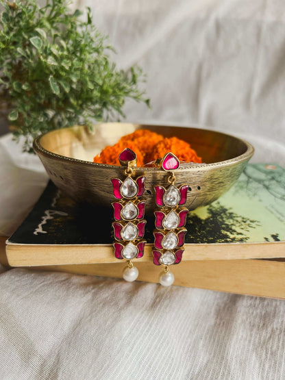 Kumud gold plated silver danglers with pink and white kundan stone