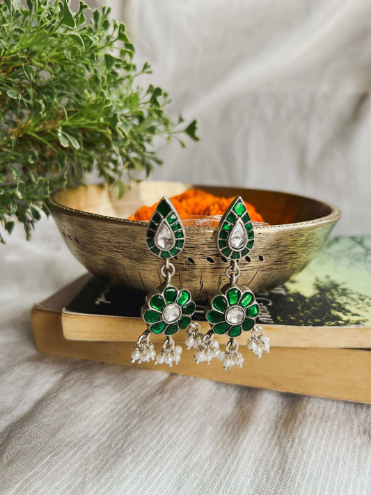 Kalindi silver danglers with green kundan and white polki