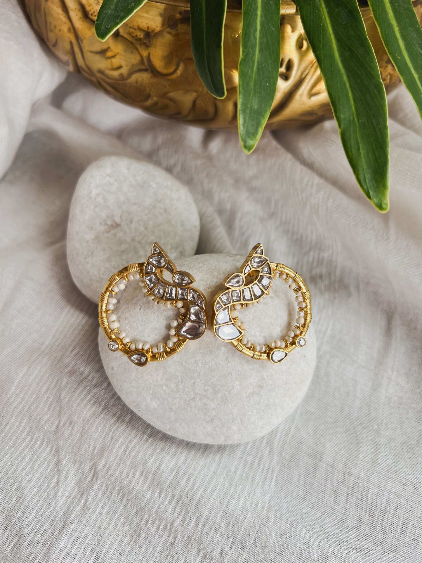 Aratrika gold plated silver earrings with pearl and polki