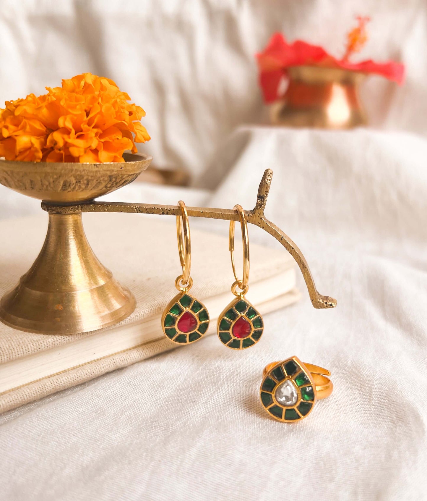 Palash earrings gold plated with green kundan