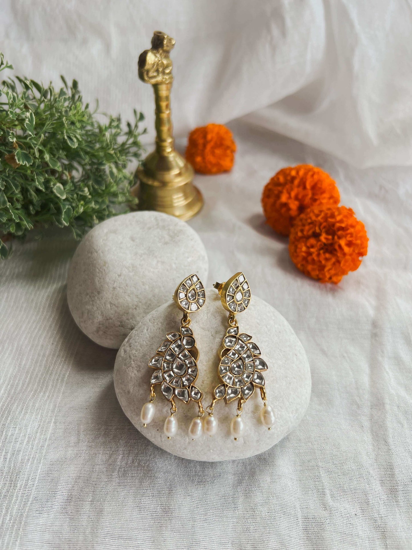 Hamsini gold plated silver earrings with polki and natural pearls
