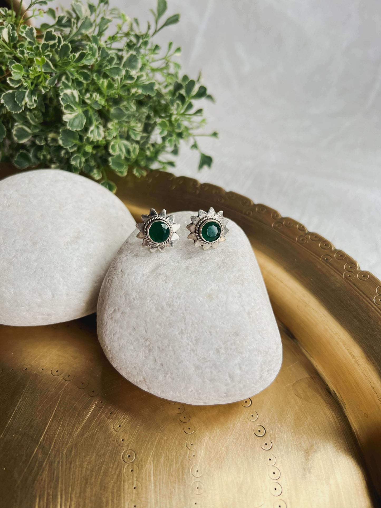 Dhara silver mini studs with emerald stone