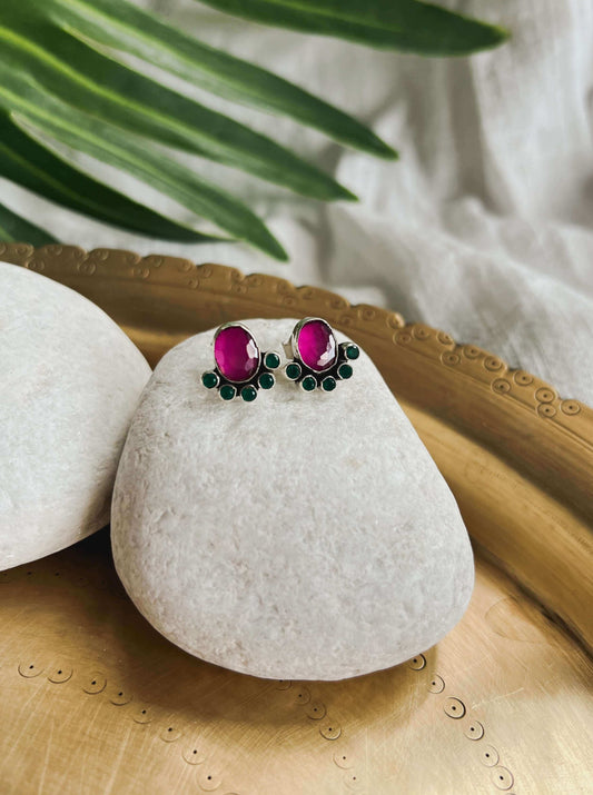 Trishala mini studs with pink and emerald stones