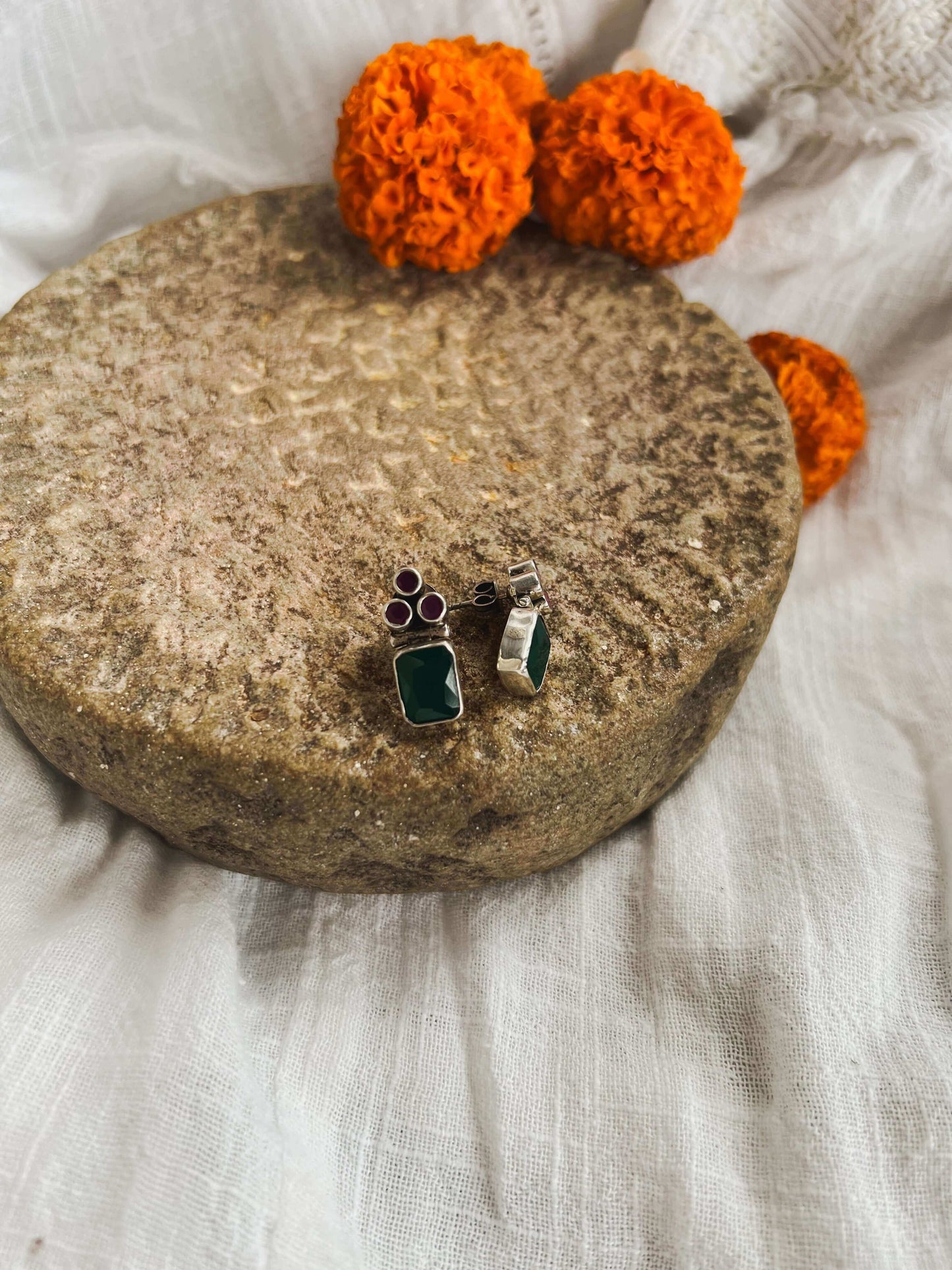 Shreyasi mini studs with emerald and pink ruby glass stone