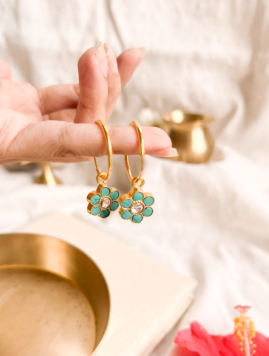 Phool charm gold plated silver hoops with turquoise stone