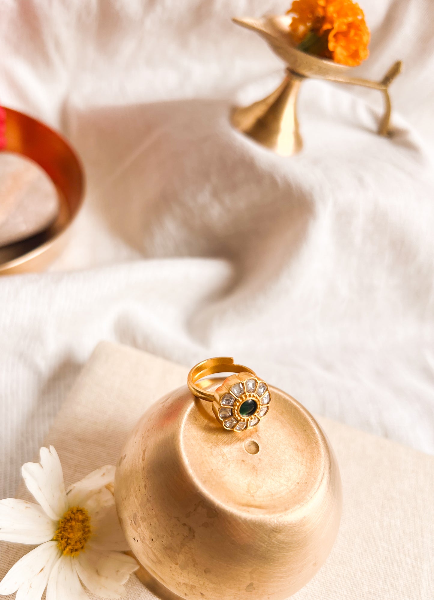 Mandala gold plated silver ring with green kundan