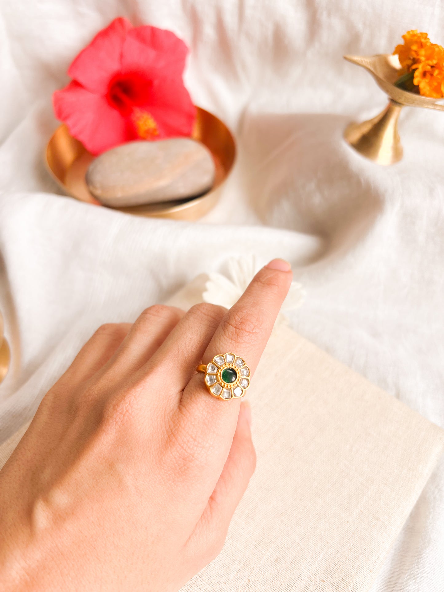 Mandala gold plated silver ring with green kundan