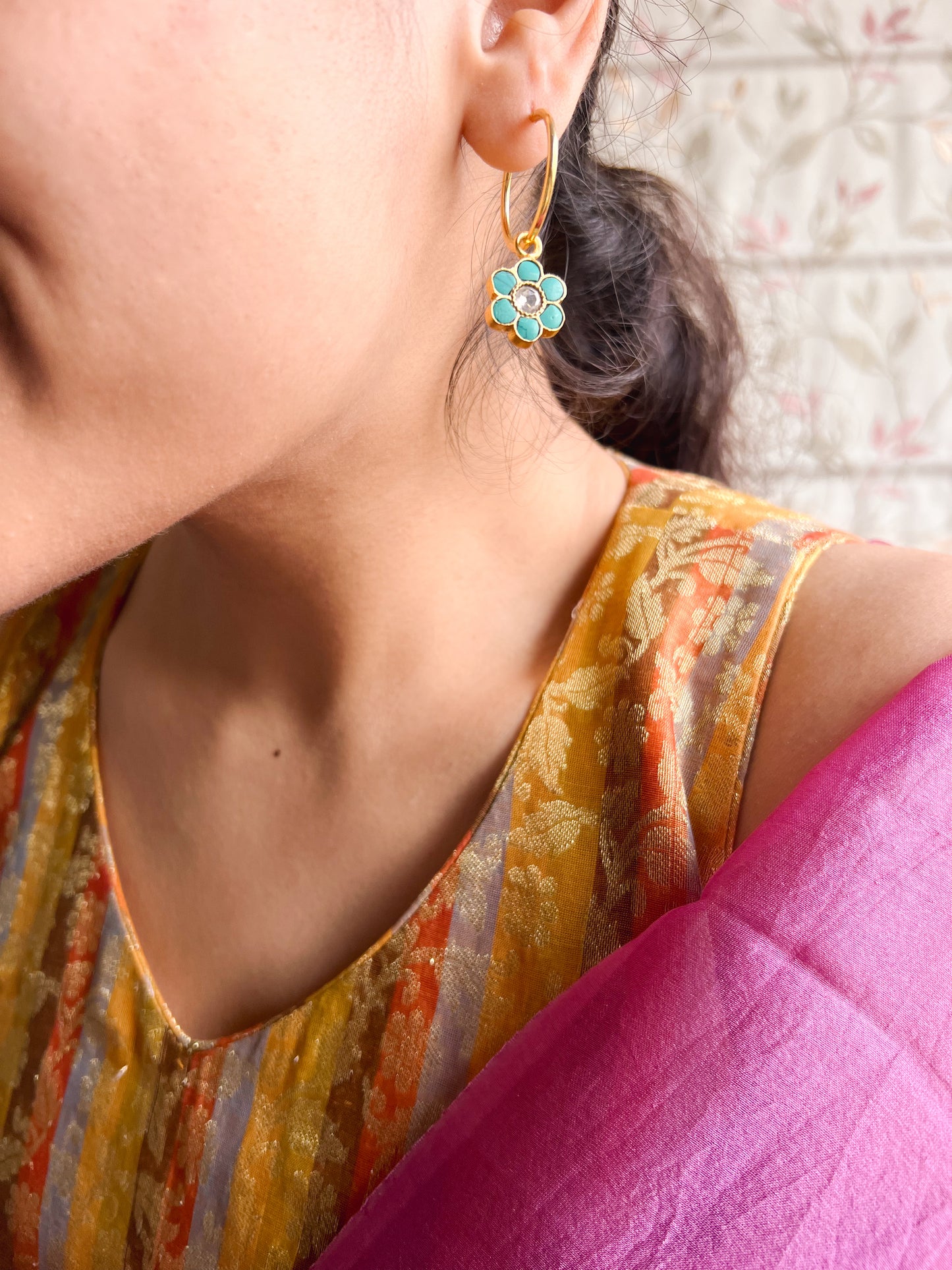 Phool charm gold plated silver hoops with turquoise stone