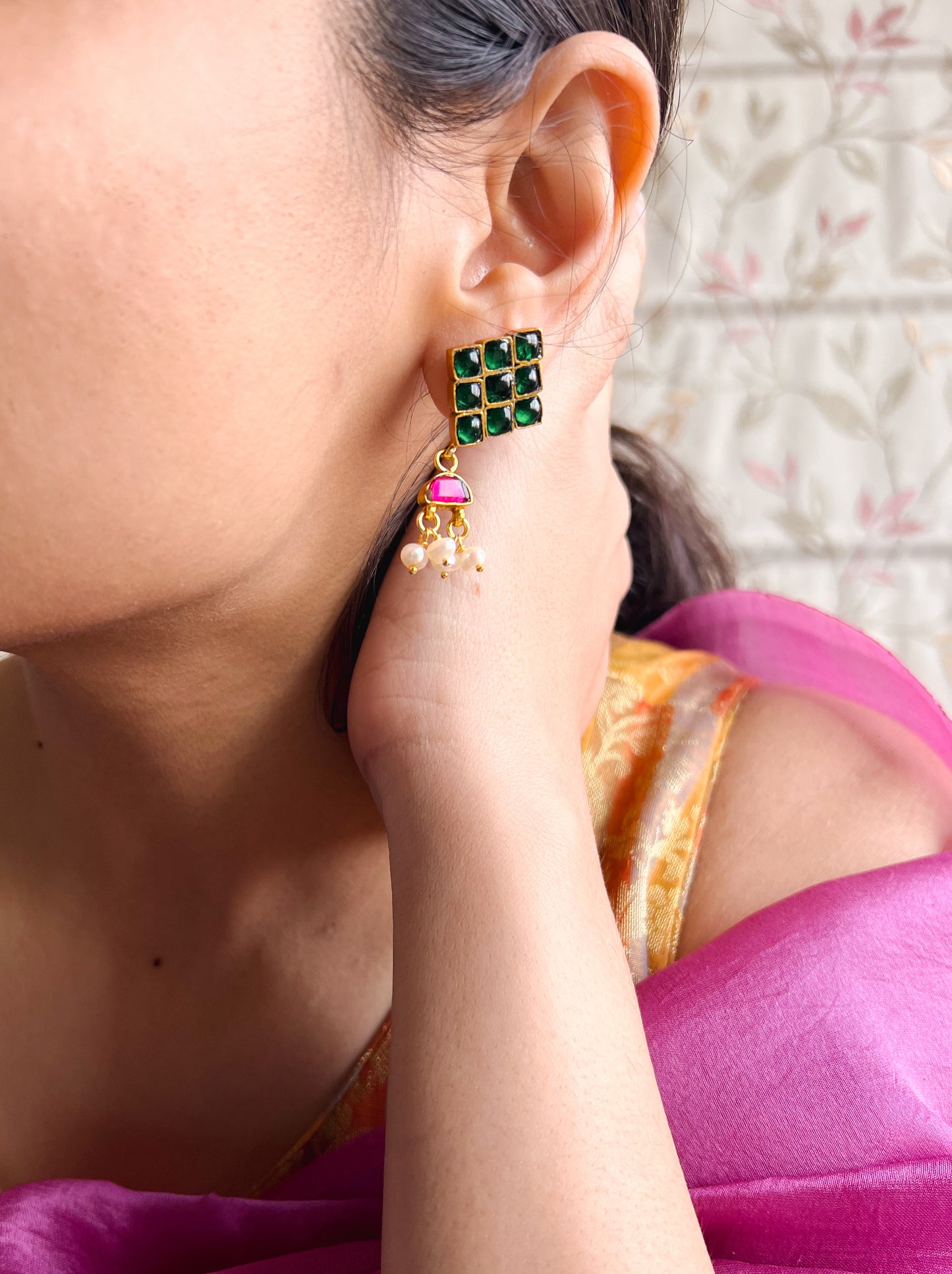 Patang gold plated silver earring with green kundan and drop pearls