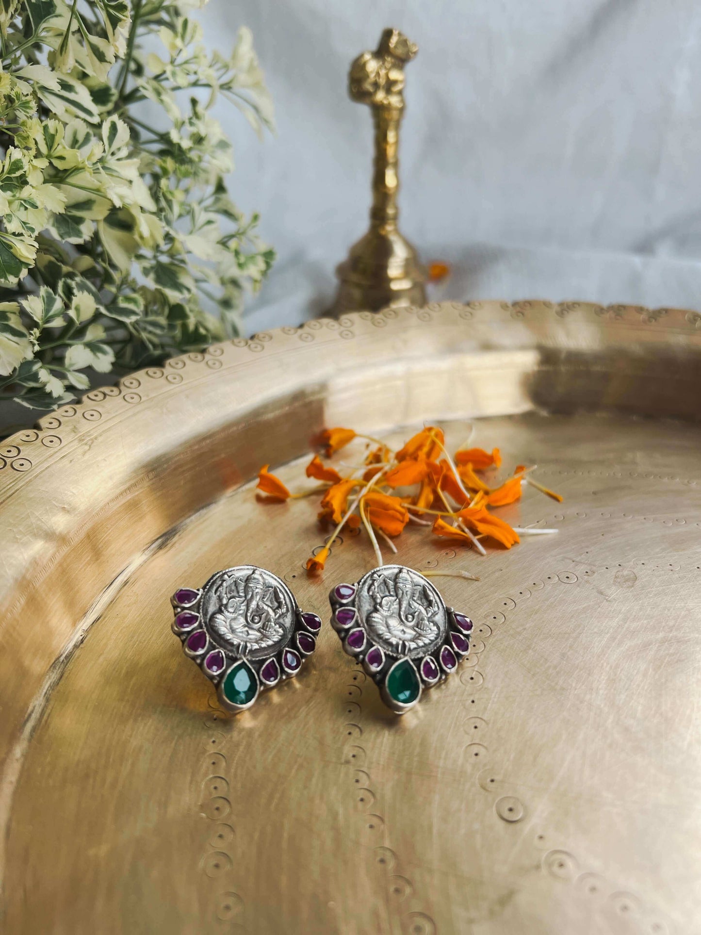 Avighna silver studs with emerald and ruby stones