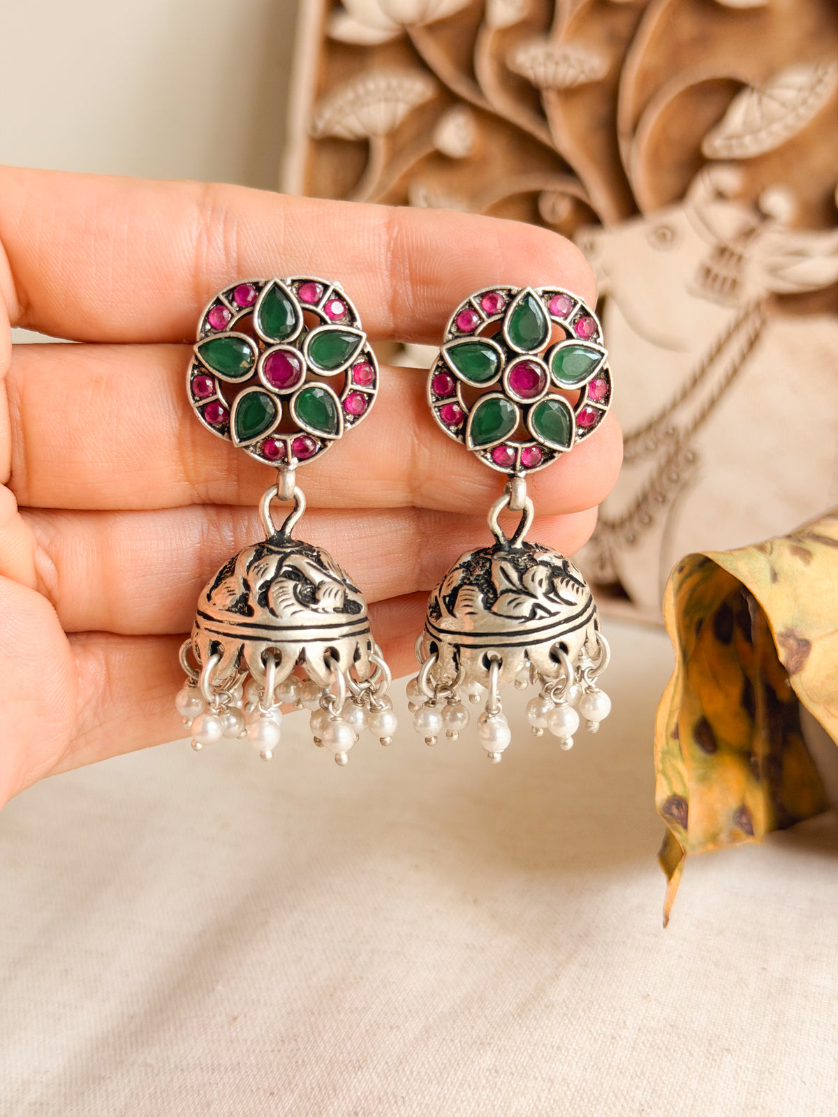 Siddhi silver jhumka with kundan details