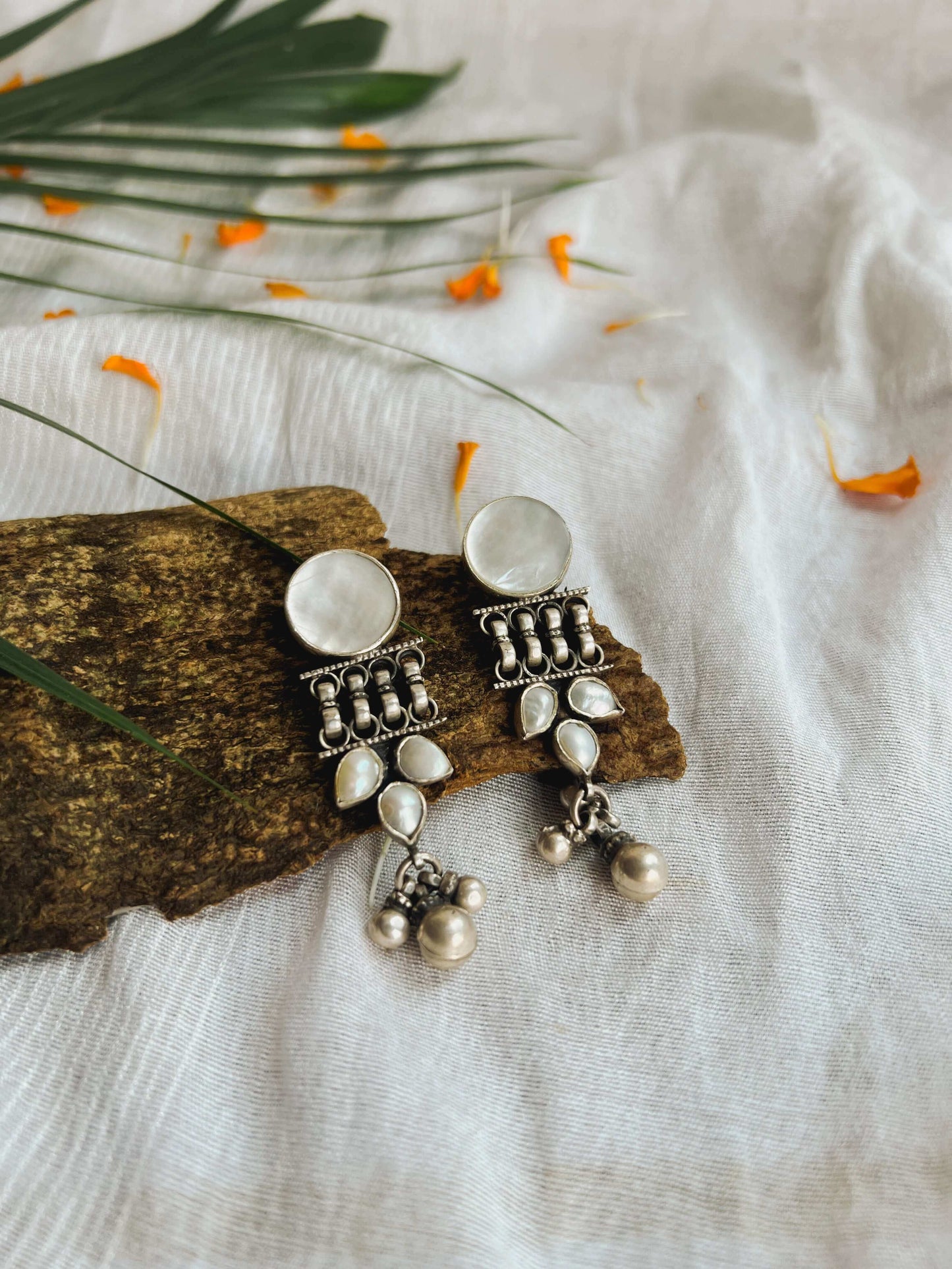 Chandni Silver danglers with pearl and shell details