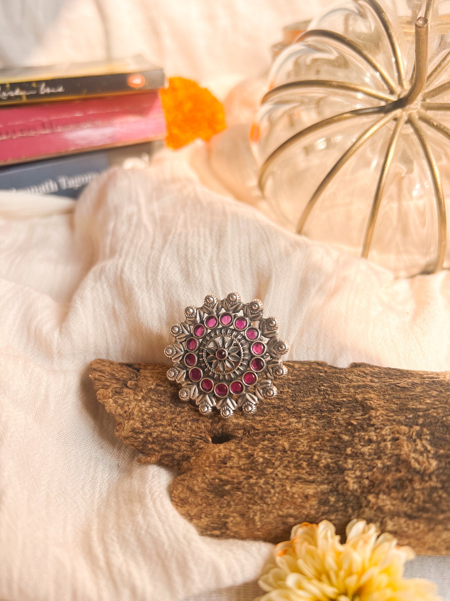 Abhuti oxidised silver ring with ruby onyx