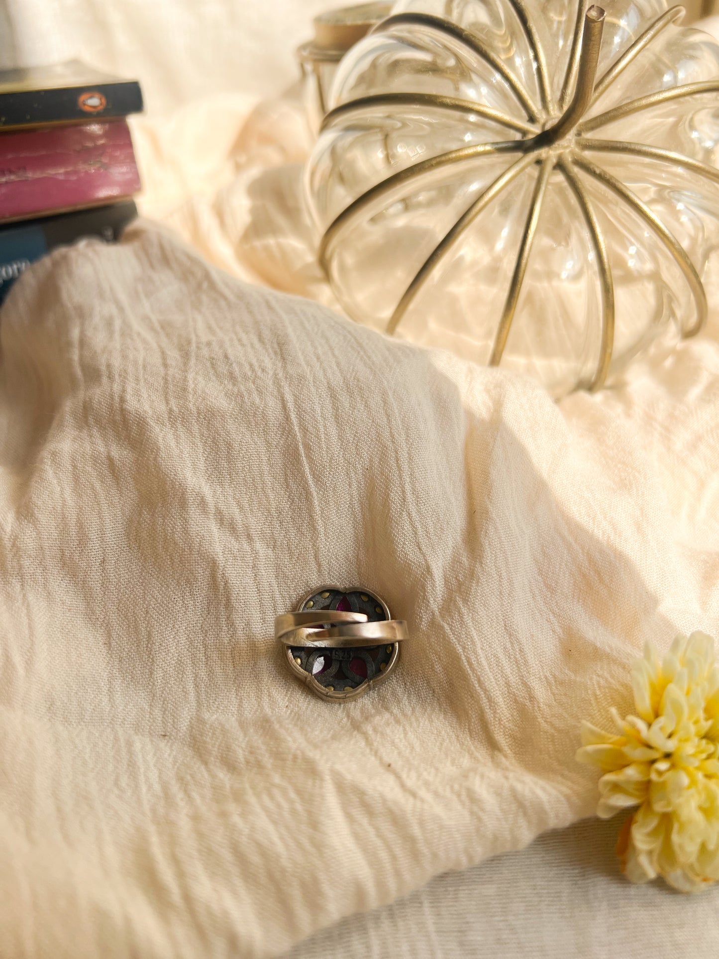 Vatsala silver ring with ruby onyx and kundan details