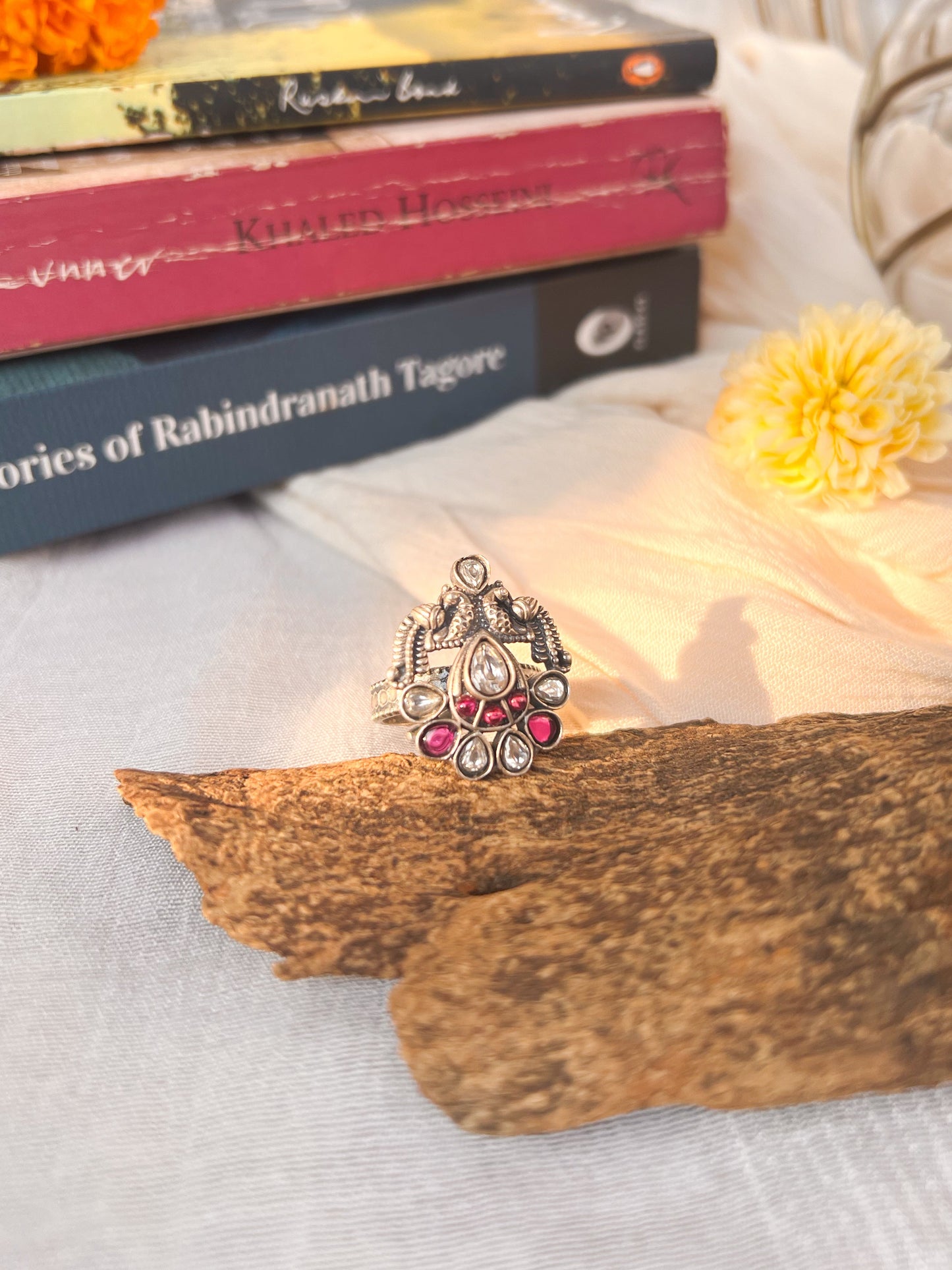 Jhanvi oxidised silver ring with kundan