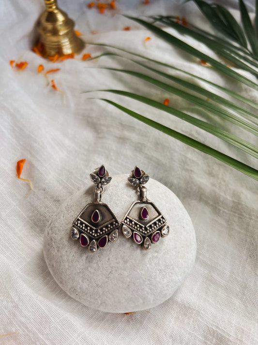 Agrata oxidised danglers in ruby pink and zircon stone