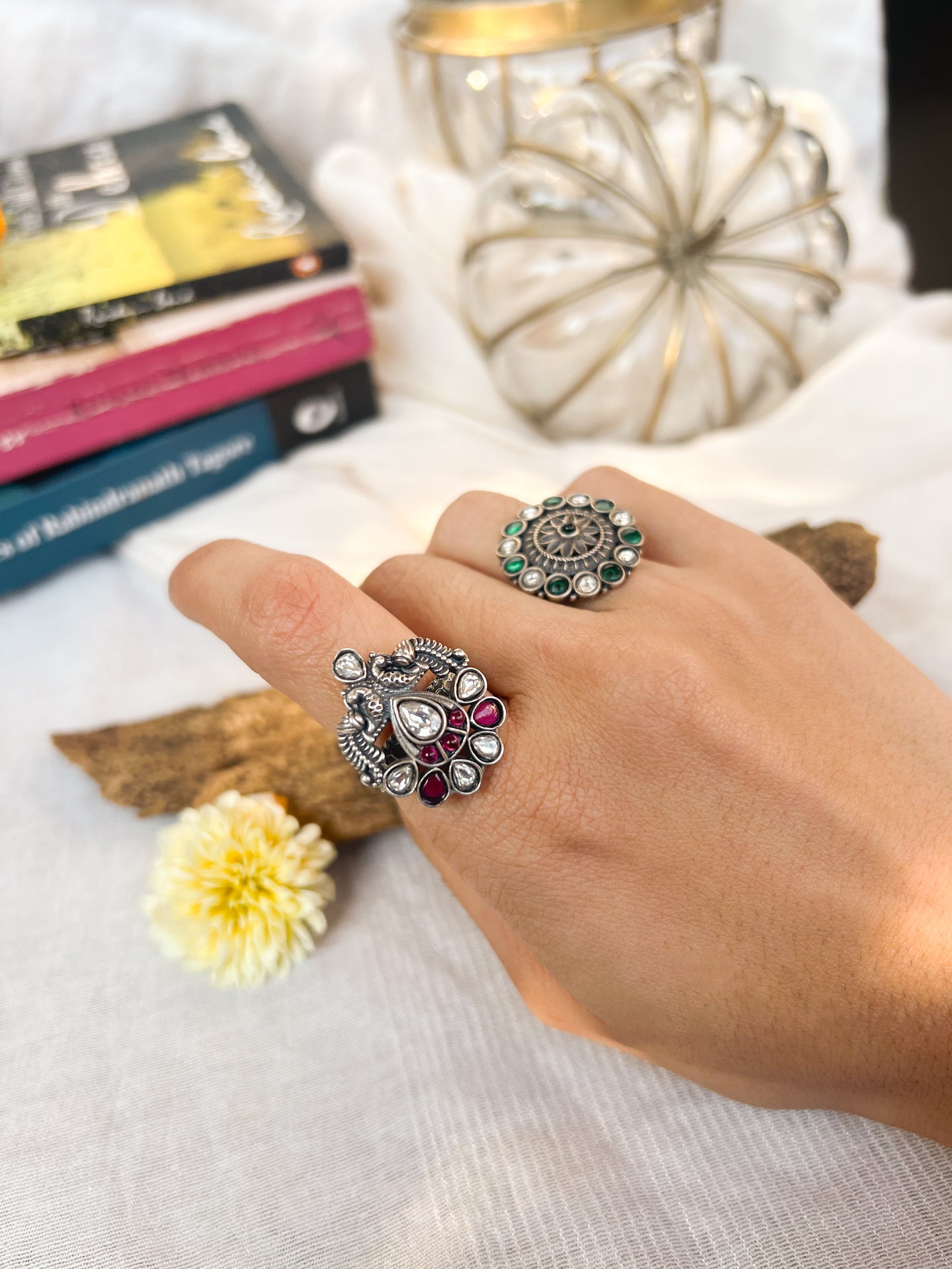 Jhanvi oxidised silver ring with kundan