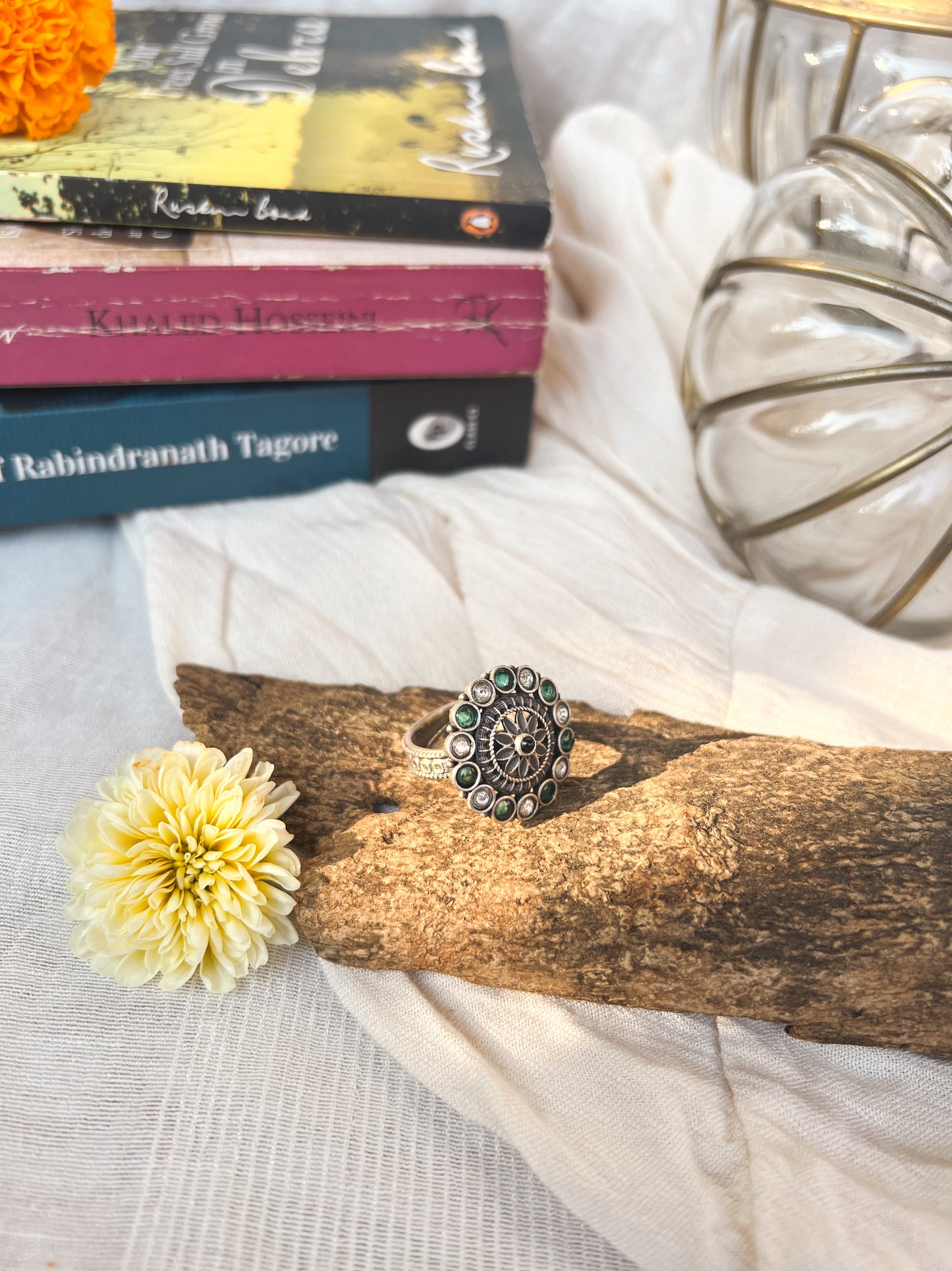 Kuja oxidised silver ring with green onyx detail