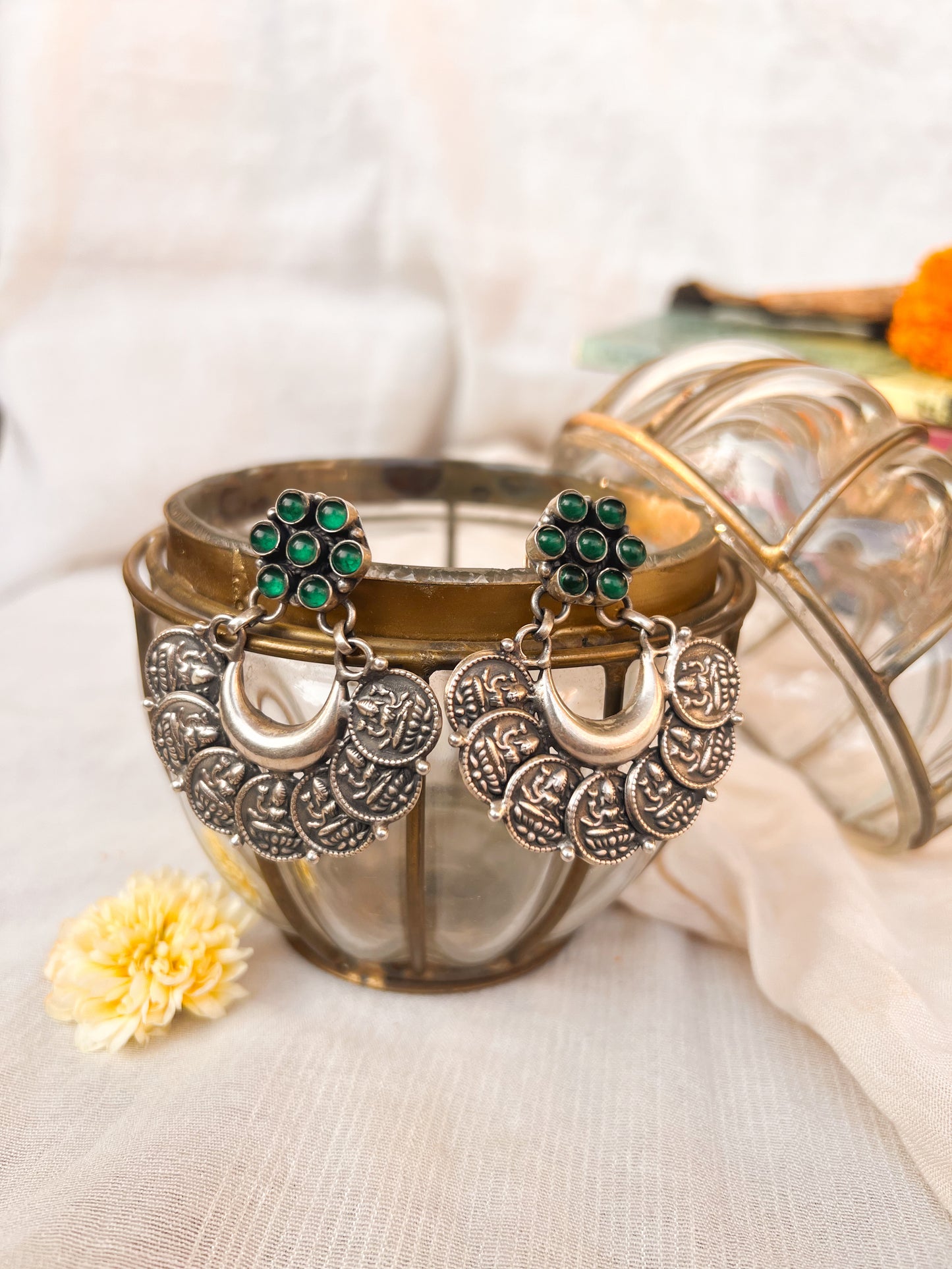 Lakkhi oxidised silver earrings with green onyx