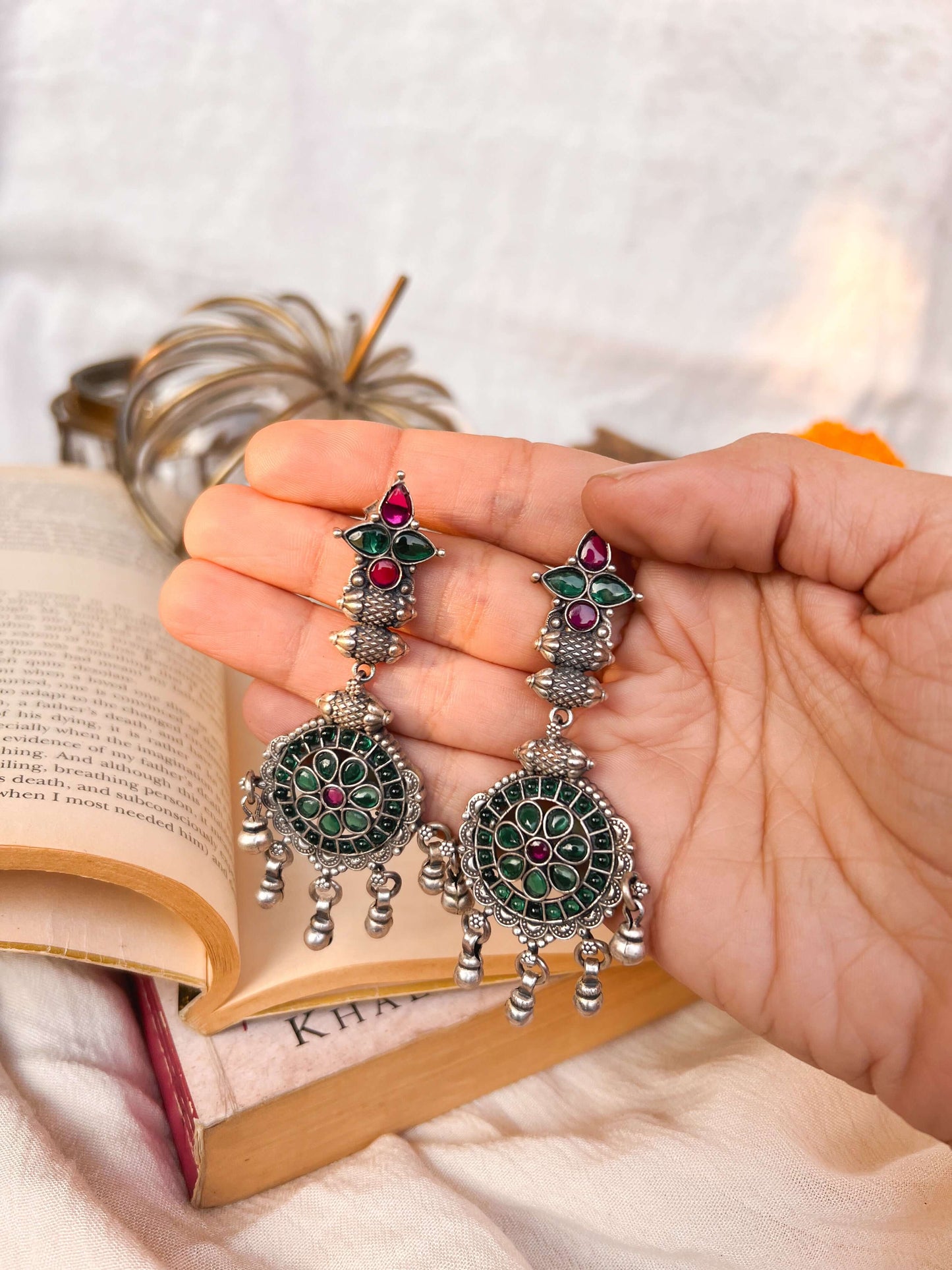 Anjani oxidised silver earrings with hanging silver beads