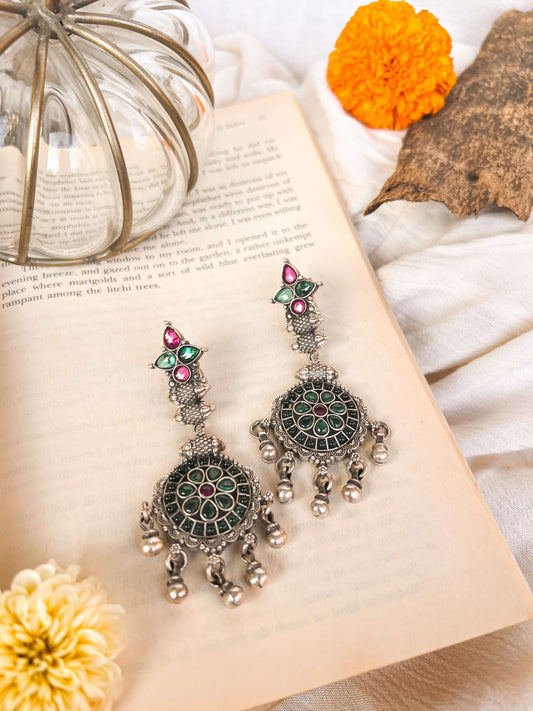 Anjani oxidised silver earrings with hanging silver beads