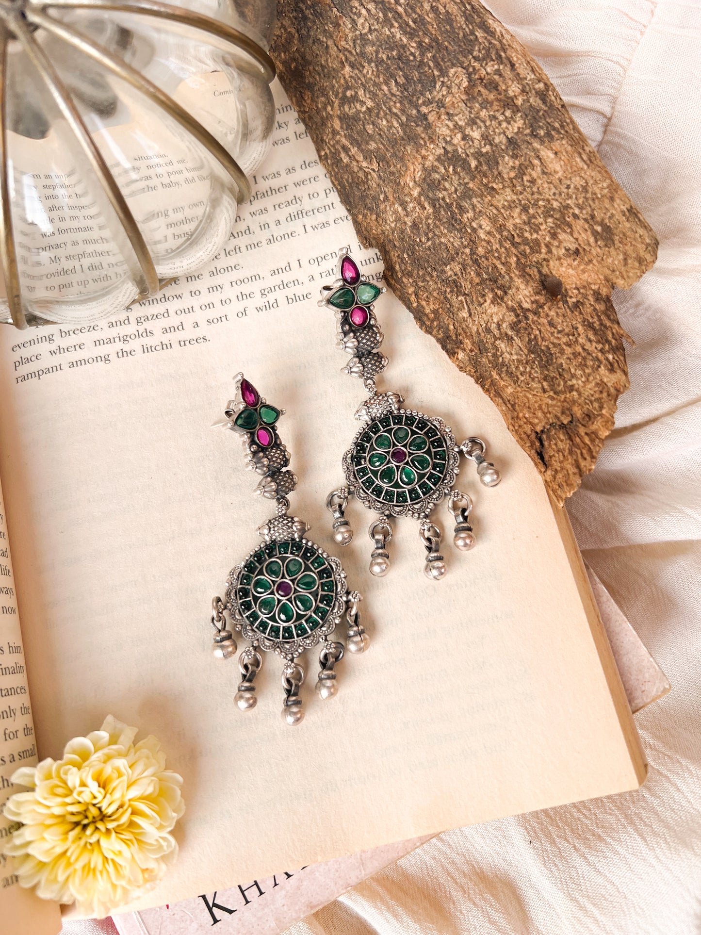 Anjani oxidised silver earrings with hanging silver beads