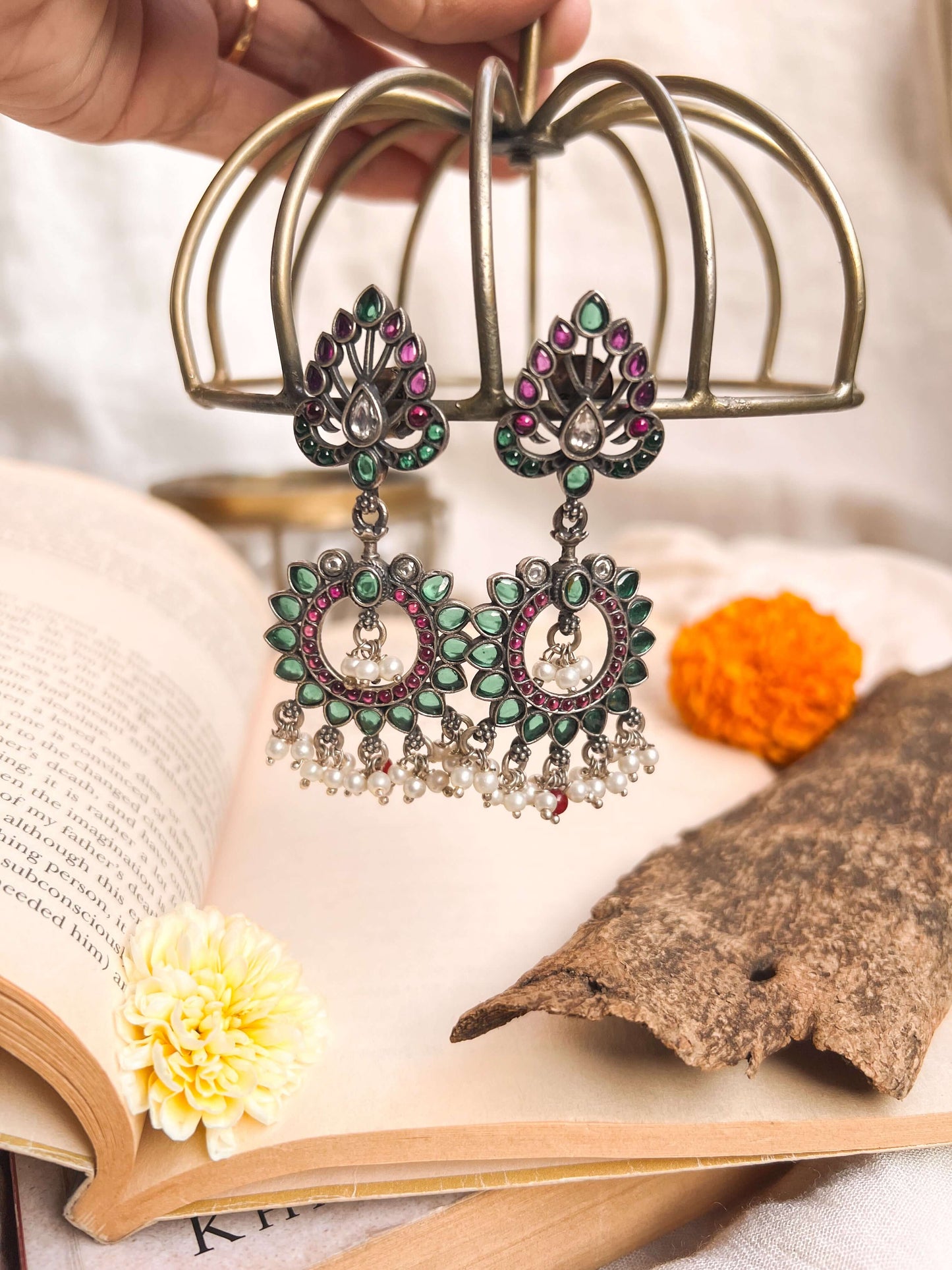 Indrani oxidised silver earrings with green and ruby onyx and cluster pearls