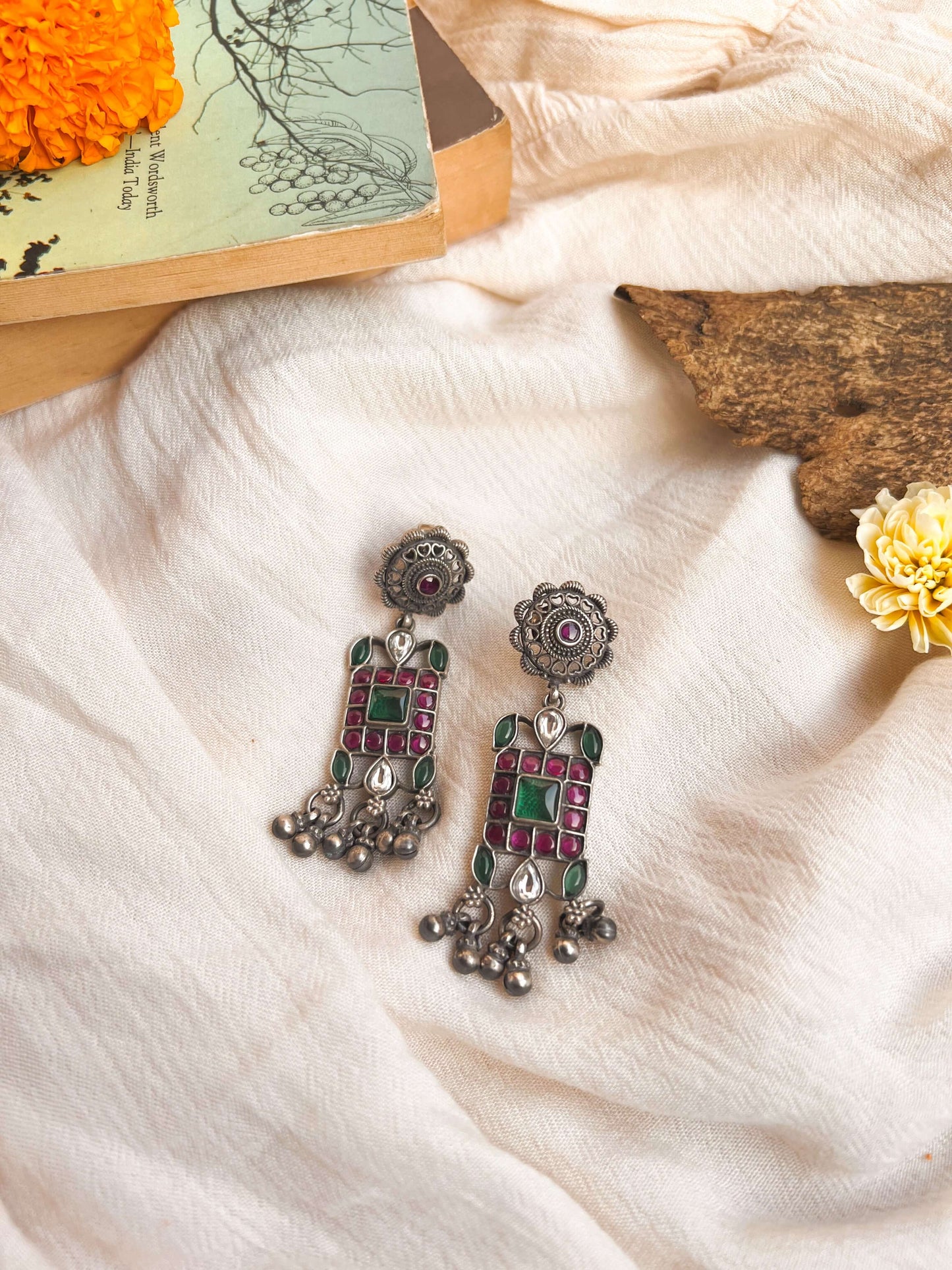 Reha oxidised silver earrings with ruby and green onyx