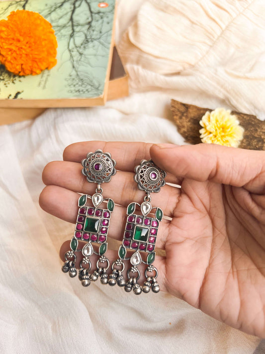 Reha oxidised silver earrings with ruby and green onyx