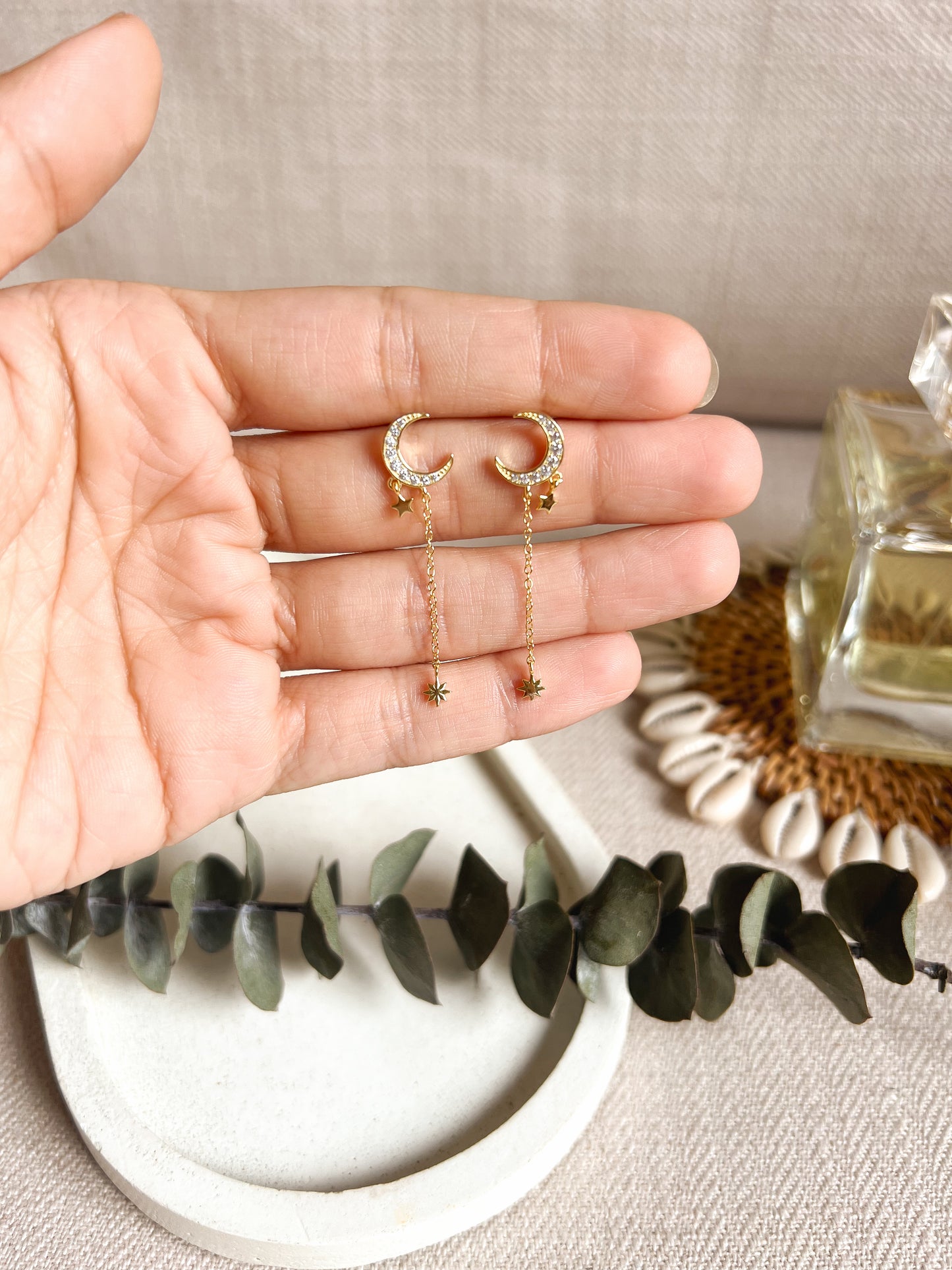 Moonstar silver danglers in 18k gold plating