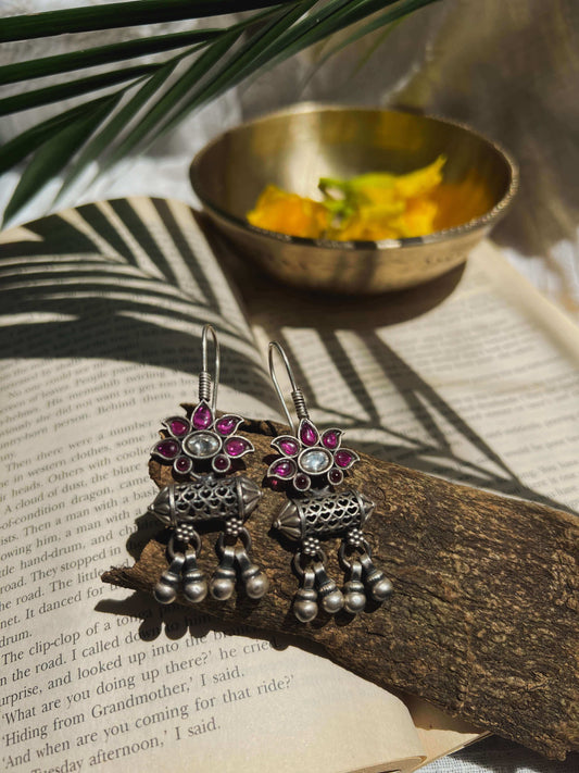 Aeindri pink stone silver earring with silver beads