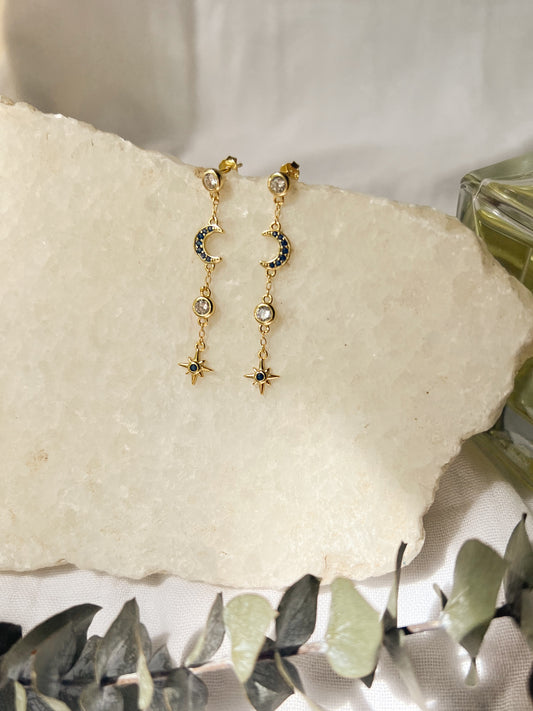 Astral moon and star gold plated danglers in sterling silver