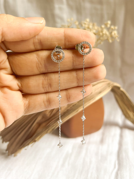 Orb long dangler with tassel in sterling silver and studded zircons