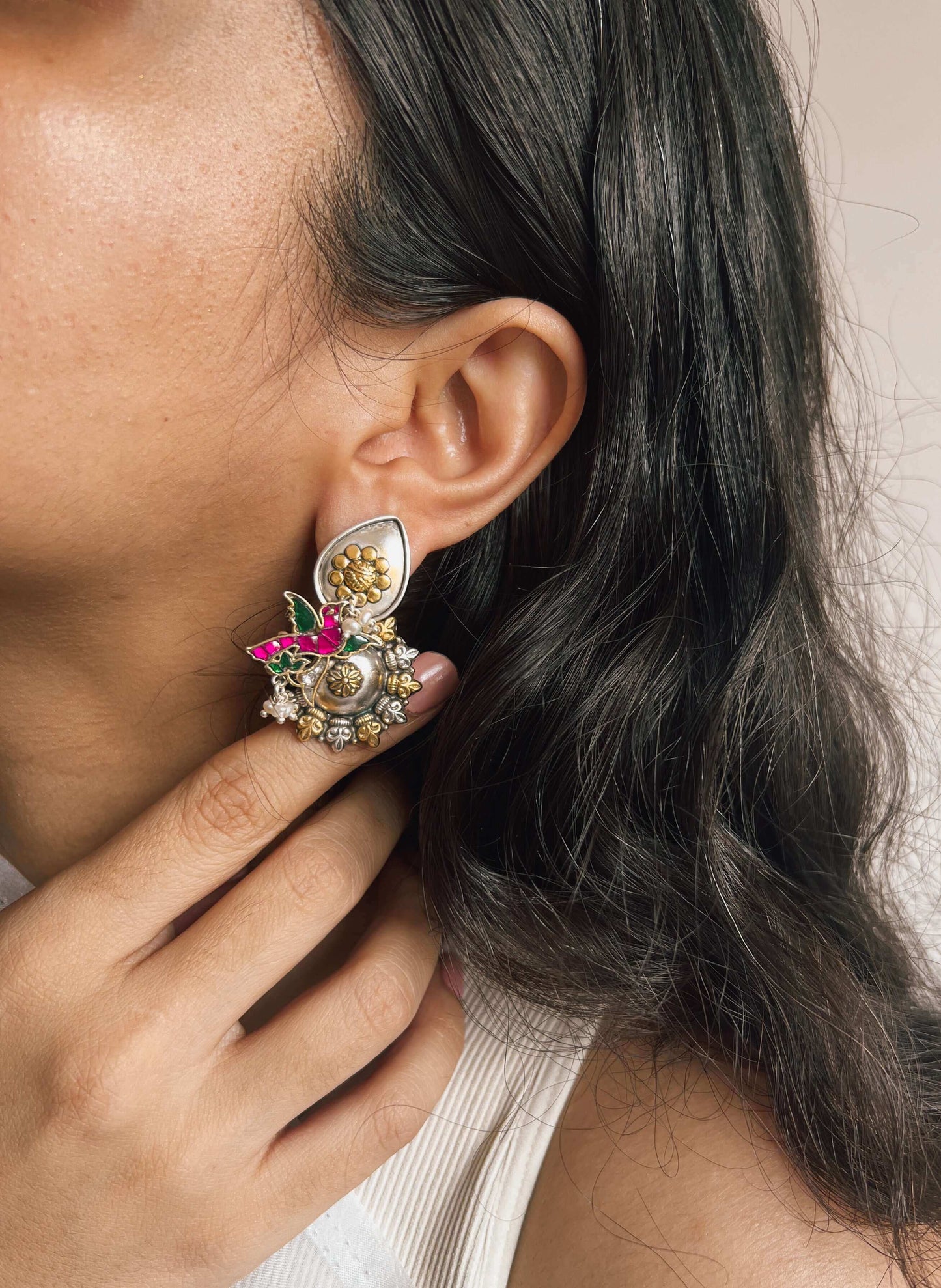 Pakhi dual tone earring with pink & green kundan birds