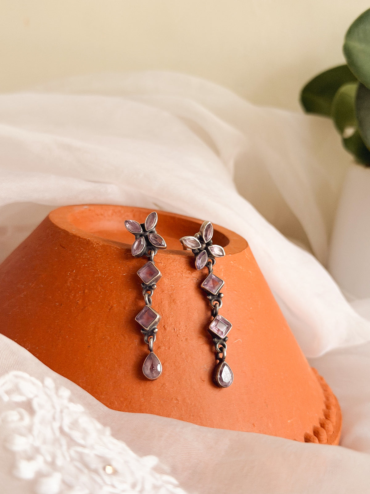 Vatsala long silver danglers in amethyst gemstone