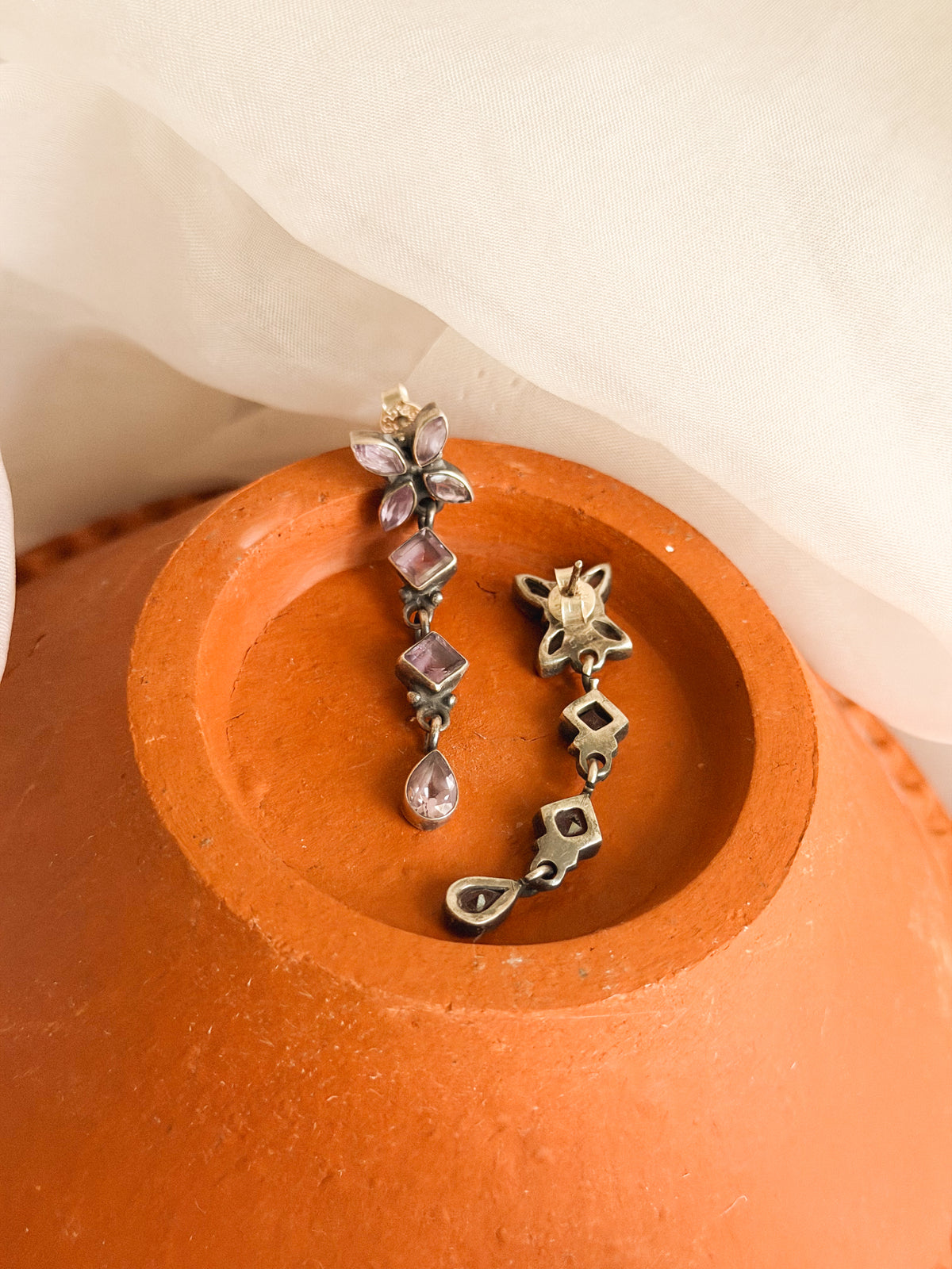 Vatsala long silver danglers in amethyst gemstone