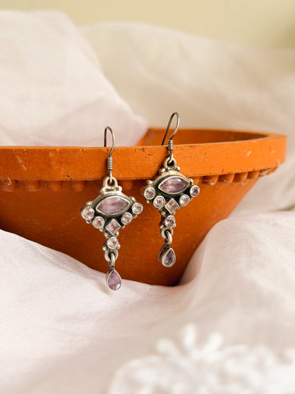 Moksha fish hook earrings in sterling silver with amethyst stone