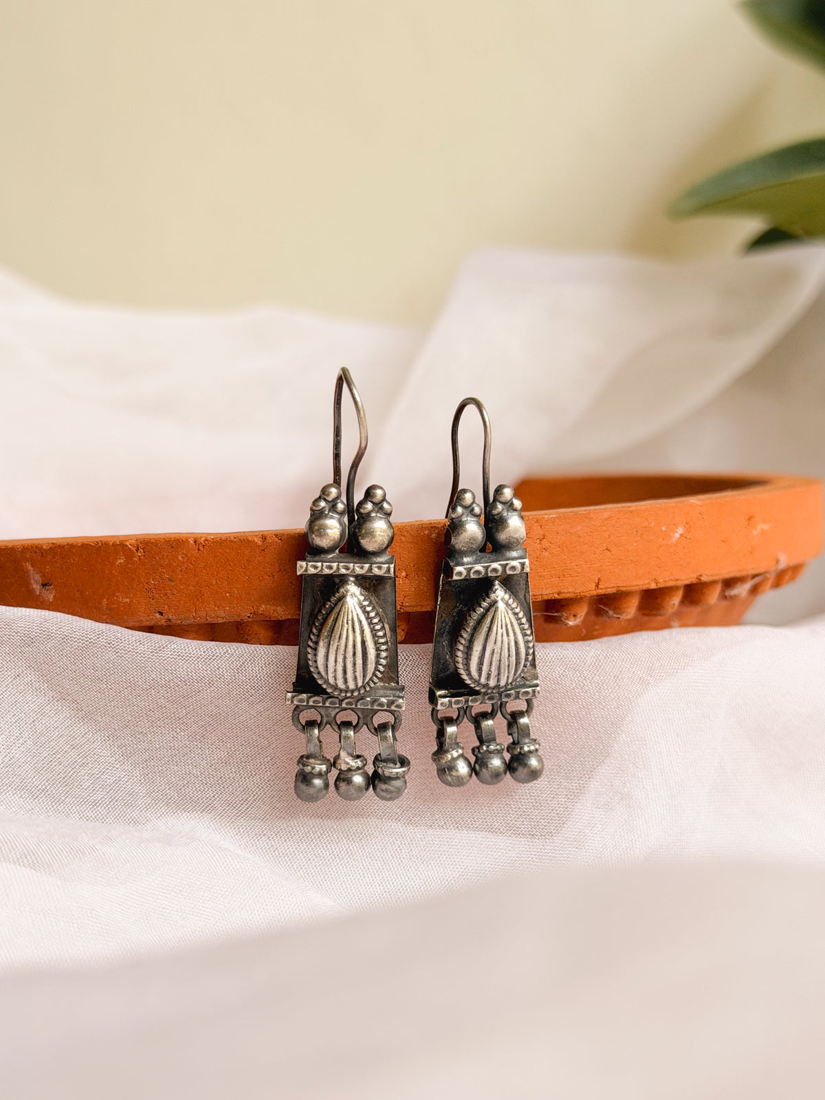Shastra fish hook oxidised vintage silver earrings