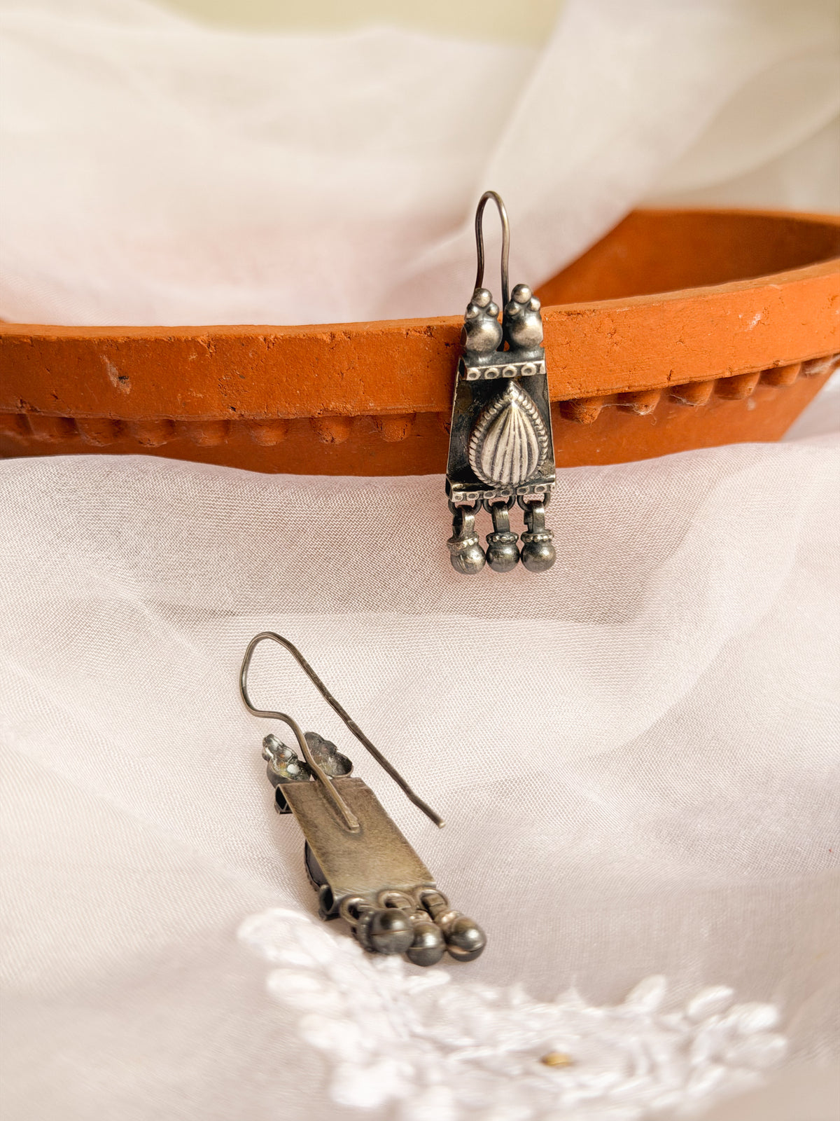 Shastra fish hook oxidised vintage silver earrings